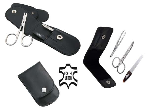 Maniküre-Set 3-Teilig - Nagelschere, Saphir-Nagelfeile, Pinzette, im schwarzen Lederetui Produktbild Print Hauptbild L