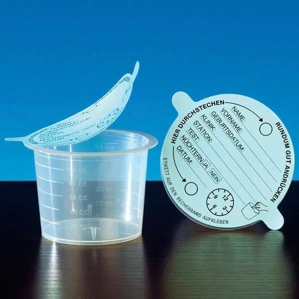 Urinbecher mit Klebedeckel - Auslaufsicher, Keimreduziert, Geruchsdicht, Graduiert Produktbild