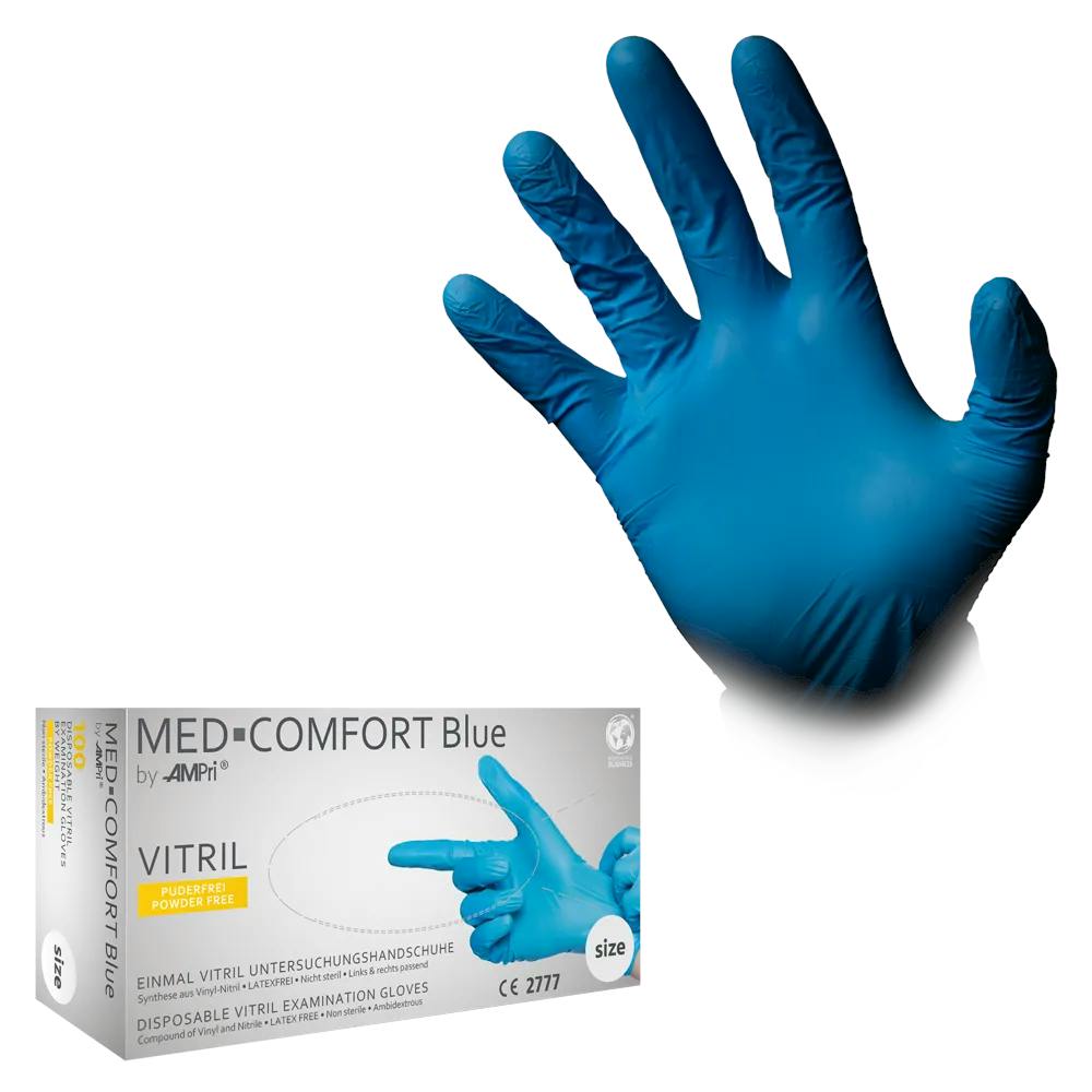 100 Stück Med Comfort Vitrilhandschuhe Blau - Unsterile Einmalhandschuhe Puderfrei Produktbild