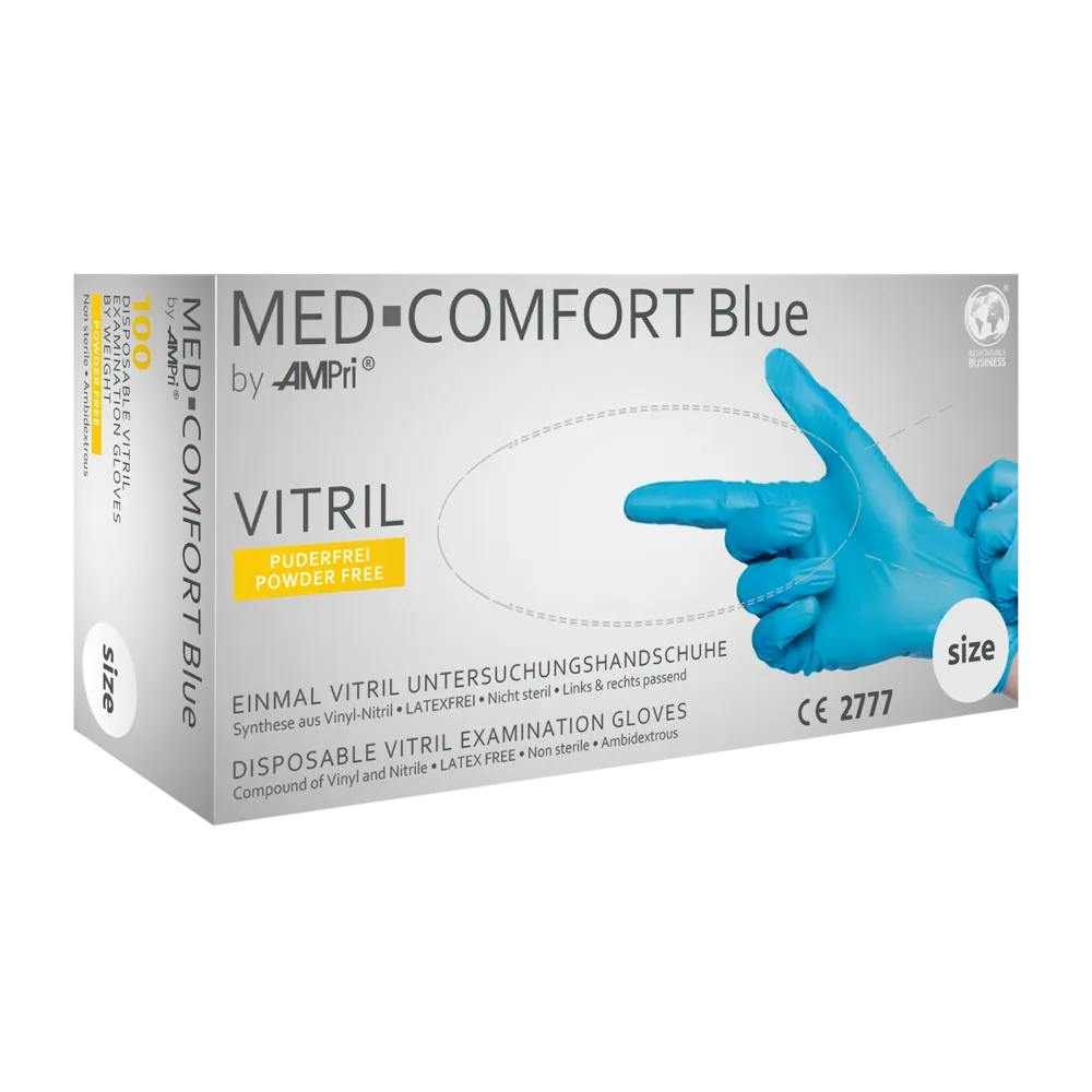 100 Stück Med Comfort Vitrilhandschuhe Blau - Unsterile Einmalhandschuhe Puderfrei Produktbild Web Groß Detailbild 1 L