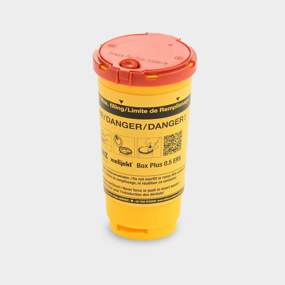 melijekt Box Plus - Kanülen-Entsorgungsbox, 500 ml, Maße: 89 mm Ø Deckel x 162 mm hoch Produktbild