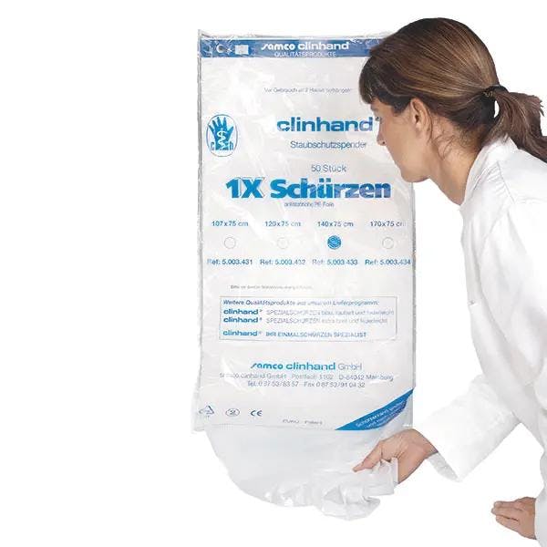 Clinhand Einmal Schürzen aus PE-Folie - in der Packung zum Aufhängen Produktbild