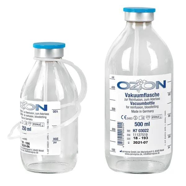 Ozon Vakuumflaschen zur Reinfusion, zum Aderlass - Aus Glas mit Aufhängevorrichtung Produktbild