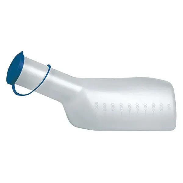 Urinflasche für Männer, eckig - sterilisierbar - Mit blauem Deckel - Volumen 1 Liter Produktbild Web Groß Detailbild 1 L