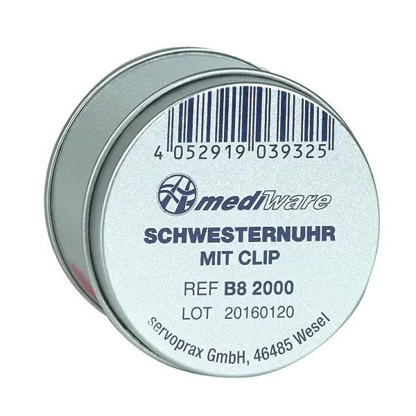 Schwesternuhr mit stabilem Clip und Sekundenanzeiger in einer Metalldose Produktbild Web Groß Detailbild 2 L