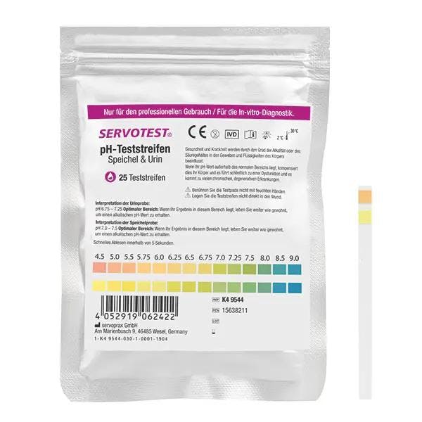 SERVOTEST Speichel und Urin - pH-Teststreifen, pH 4,5 - 9, Zeit 5 Sekunden, 25 Stück Produktbild