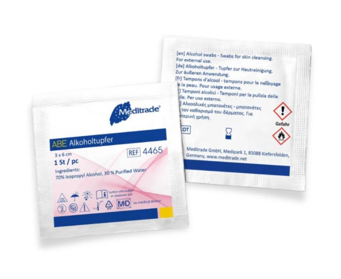 ABE Alkoholtupfer - Gebrauchsfertig getränkt mit 70 % Isopropylalkohol Produktbild Web Groß Detailbild 1 L