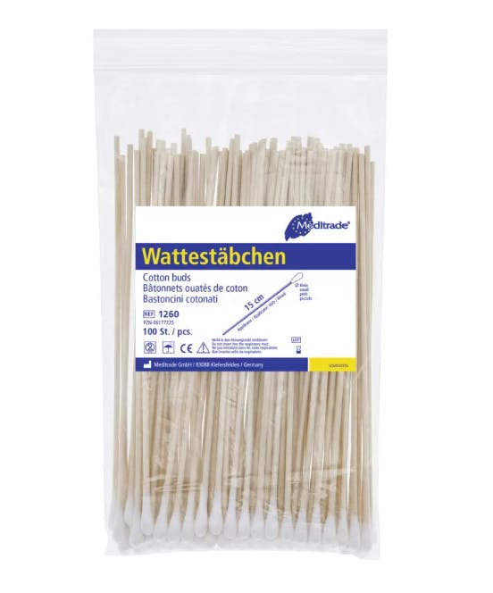 Watteträger - Unsteril, Mittlerer Kopf, 15 cm lang mit Holzstäbchen Produktbild