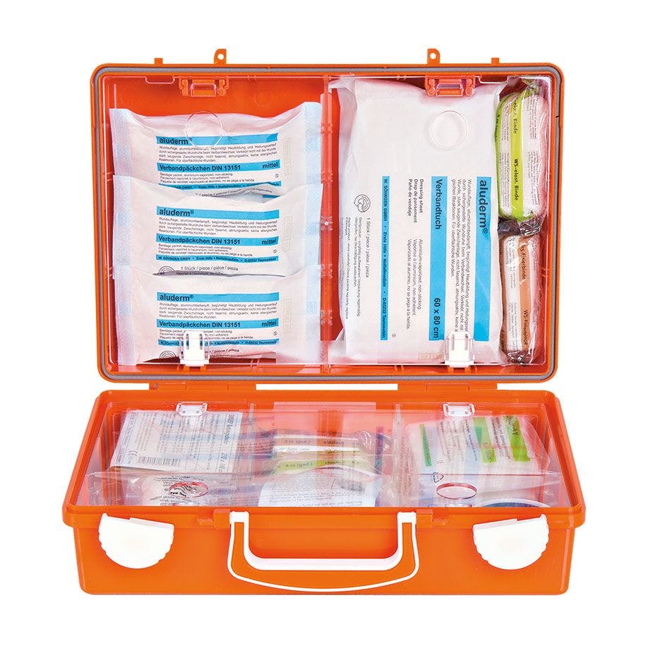 Erste-Hilfe Koffer SN-CD Norm mit Füllung Norm DIN 13157 - orange, ABS-Kunststoff Produktbild Web Groß Detailbild 1 L