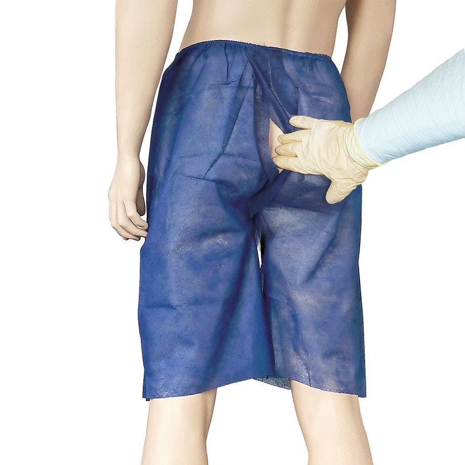 Koloskopiehosen Vlies - blaue Shorts aus Polypropylen, Luftdurchlässig, Latexfrei Produktbild Web Groß Detailbild 1 L