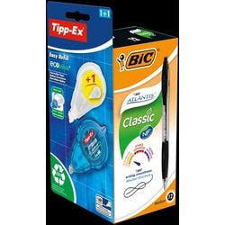 BIC Atlantis Classic Kugelschreiber Schwarz Mittel 0.32 mm Nachfüllbar Packung mit 12 Stück + GRATIS 1 Easy Tipp-Ex mit Nachfüllpackung Produktbild
