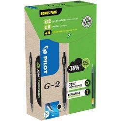 Pilot Tintenroller Pen G2 Schwarz Packung mit 12 Stiften und 12 Minen Produktbild