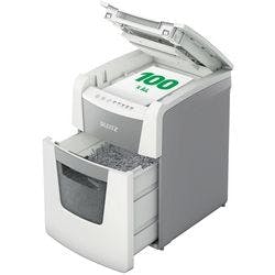 Leitz IQ Autofeed Small Office 100 Automatischer Aktenvernichter Mikroschnitt Sicherheitsstufe P-5 110 Blatt Automatisch Produktbild
