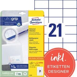AVERY Zweckform ultragrip Universaletiketten 6174 Selbsthaftend DIN A4 Weiß 7 x 4,23 cm 30 Blatt à 21 Etiketten Produktbild