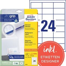 AVERY Zweckform Abziehhilfe QuickPEEL,ultragrip Universaletiketten 6172 Selbsthaftend DIN A4 Weiß 6,46 x 3,38 cm 30 Blatt à 24 Etiketten Produktbild Print Hauptbild L