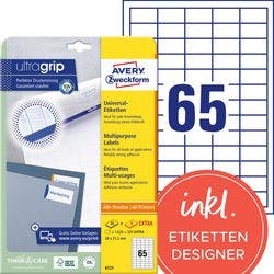 AVERY Zweckform Abziehhilfe QuickPEEL,ultragrip Universaletiketten 6121 Selbsthaftend DIN A4 Weiß 3,8 x 2,12 cm 30 Blatt à 65 Etiketten Produktbild