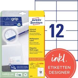 AVERY Zweckform ultragrip Universaletiketten 6175 Selbsthaftend DIN A4 Weiß 10,5 x 4,8 cm 30 Blatt à 12 Etiketten Produktbild
