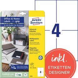 AVERY Zweckform ultragrip Universaletiketten 6124 Selbsthaftend DIN A4 Weiß 105 x 148 mm 10 Blatt à 4 Etiketten Produktbild