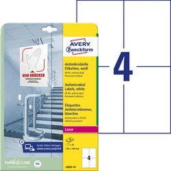 Avery Zweckform Antimikrobiell Laser Etiketten L8003-10 Selbsthaftend DIN A4 Weiß 105 x 148 mm 10 Blatt à 4 Etiketten Produktbild
