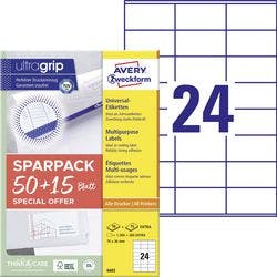 AVERY Zweckform Laser Mehrzwecketiketten 6602 haftend DIN A4 Weiß 7 x 3,6 cm 1560 Stück à 65 Blatt Produktbild
