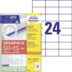 AVERY Zweckform Laser Mehrzwecketiketten 6605 haftend DIN A4 Weiß 7 x 3,7 cm 1560 Stück à 65 Blatt Produktbild