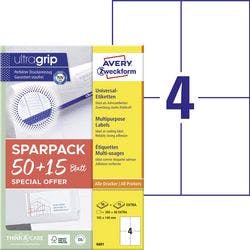 AVERY Zweckform Laser Mehrzwecketiketten 6601 haftend DIN A4 Weiß 10,5 x 14,8 cm 260 Stück à 65 Blatt Produktbild