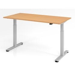 Hammerbacher Elektrisch Höhenverstellbarer Sitz-Stehschreibtisch Buche Melamin Silberner T-Fuß 1.600 x 800 x 650 mm Mit Aufbau Produktbild
