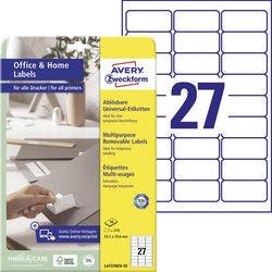AVERY Zweckform Ablösbare Universaletiketten L4737REV-10 Selbsthaftend DIN A4 Weiß 6,35 x 32,7 x 2,96 cm 10 Blatt à 27 Etiketten Produktbild