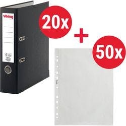 Viking Ordner DIN A4 75 mm Schwarz 2 Ringe 6703-SZ Pappkarton, PP (Polypropylen) Matt Hochformat 20 Stück mit Viking Prospekthüllen DIN A4 Glasklar Transparent 80 Mikron 50 Stück Produktbild