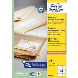 AVERY Zweckform Universaletiketten LR3475 Selbsthaftend DIN A4 Naturweiß 70 x 36 mm Recycled 100 Blatt à 24 Etiketten Produktbild