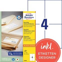 AVERY Zweckform Universaletiketten LR3483 Selbsthaftend DIN A4 Naturweiß 105 x 148 mm Recycled 100 Blatt à 4 Etiketten Produktbild