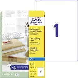 AVERY Zweckform Abziehhilfe QuickPEEL Versandetiketten J8567 25 Selbsthaftend DIN A4 Transparent 210 x 297 mm 25 Blatt à 1 Etiketten Produktbild