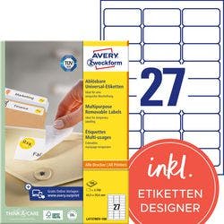 AVERY Zweckform Ablösbare Universaletiketten L4737REV-100 Selbsthaftend DIN A4 Weiß 63,5 x 29,6 mm 100 Blatt à 27 Etiketten Produktbild