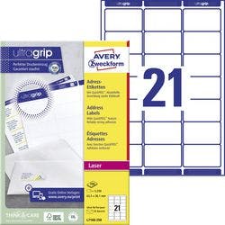 AVERY Zweckform Abziehhilfe QuickPEEL,ultragrip Adressetiketten L7160-250 Selbsthaftend DIN A4 Weiß 63,5 x 38,1 mm 250 Blatt à 21 Etiketten Produktbild