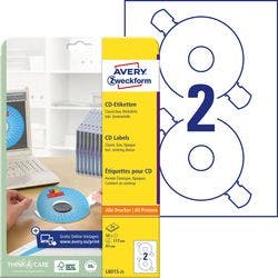 AVERY Zweckform CD/DVD Etiketten L6015-25 haftend DIN A4 Weiß 25 Blatt à 2 Etiketten Produktbild