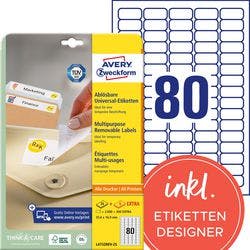AVERY Zweckform L4732REV-25 Ablösbare Universaletiketten DIN A4 Weiß 35,6 x 16,9 mm 30 Blatt à 80 Etiketten Produktbild