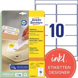 AVERY Zweckform L4744REV-25 Ablösbare Universaletiketten DIN A4 Weiß 96 x 50,8 mm 30 Blatt à 10 Etiketten Produktbild
