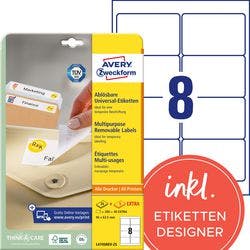 AVERY Zweckform L4745REV-25 Ablösbare Universaletiketten DIN A4 Weiß 96 x 63,5 mm 30 Blatt à 8 Etiketten Produktbild