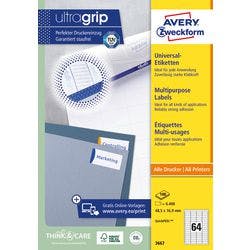 AVERY Zweckform Abziehhilfe QuickPEEL,ultragrip Universaletiketten 3667 Selbsthaftend DIN A4 Weiß 48,5 x 16,9 mm 100 Blatt à 64 Etiketten Produktbild