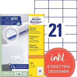 AVERY Zweckform ultragrip Universaletiketten 3652 Selbsthaftend DIN A4 Weiß 70 x 42,3 mm 100 Blatt à 21 Etiketten Produktbild