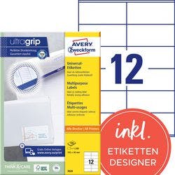 AVERY Zweckform ultragrip Universaletiketten 3424 Selbsthaftend DIN A4 Weiß 105 x 48 mm 100 Blatt à 12 Etiketten Produktbild
