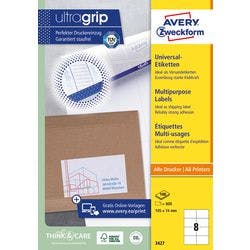 AVERY Zweckform ultragrip Universaletiketten 3427 Selbsthaftend DIN A4 Weiß 105 x 74 mm 100 Blatt à 8 Etiketten Produktbild