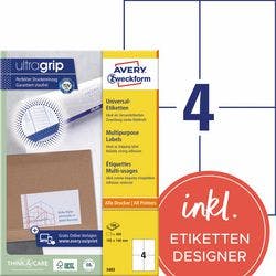 AVERY Zweckform ultragrip Universaletiketten 3483 Selbsthaftend DIN A4 Weiß 105 x 148 mm 100 Blatt à 4 Etiketten Produktbild