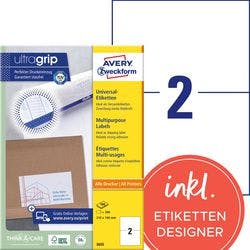 AVERY Zweckform ultragrip Universaletiketten 3655 Selbsthaftend DIN A4 Weiß 210 x 148 mm 100 Blatt à 2 Etiketten Produktbild