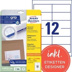 AVERY Zweckform Abziehhilfe QuickPEEL,ultragrip Laser Universaletiketten 4781 Selbsthaftend DIN A4 Weiß 97 x 42,3 mm 30 Blatt à 12 Etiketten Produktbild