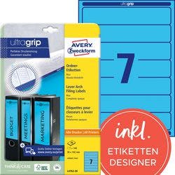 AVERY Zweckform ultragrip Ordneretiketten L4763-20 Selbsthaftend DIN A4 Blau 3,8 x 19,2 cm 20 Blatt à 7 Etiketten Produktbild