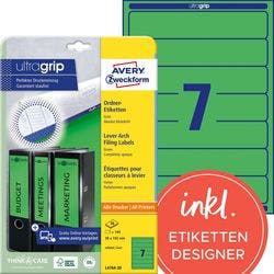 AVERY Zweckform ultragrip Ordneretiketten L4764-20 Selbsthaftend DIN A4 Grün 3,8 x 19,2 cm 20 Blatt à 7 Etiketten Produktbild