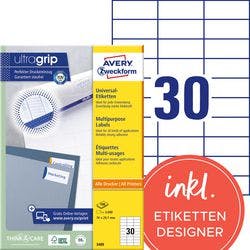 AVERY Zweckform ultragrip Universaletiketten 3489 Selbsthaftend DIN A4 Weiß 70 x 29,7 mm 100 Blatt à 30 Etiketten Produktbild