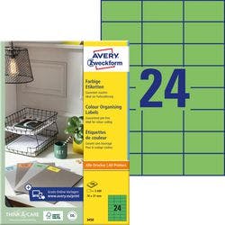 AVERY Zweckform Etiketten 3450 Selbsthaftend DIN A4 Grün 70 x 37 mm 100 Blatt à 24 Etiketten Produktbild