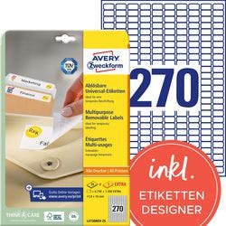 AVERY Zweckform L4730REV-25 Ablösbare Universaletiketten DIN A4 Weiß 17,8 x 10 mm 30 Blatt à 270 Etiketten Produktbild